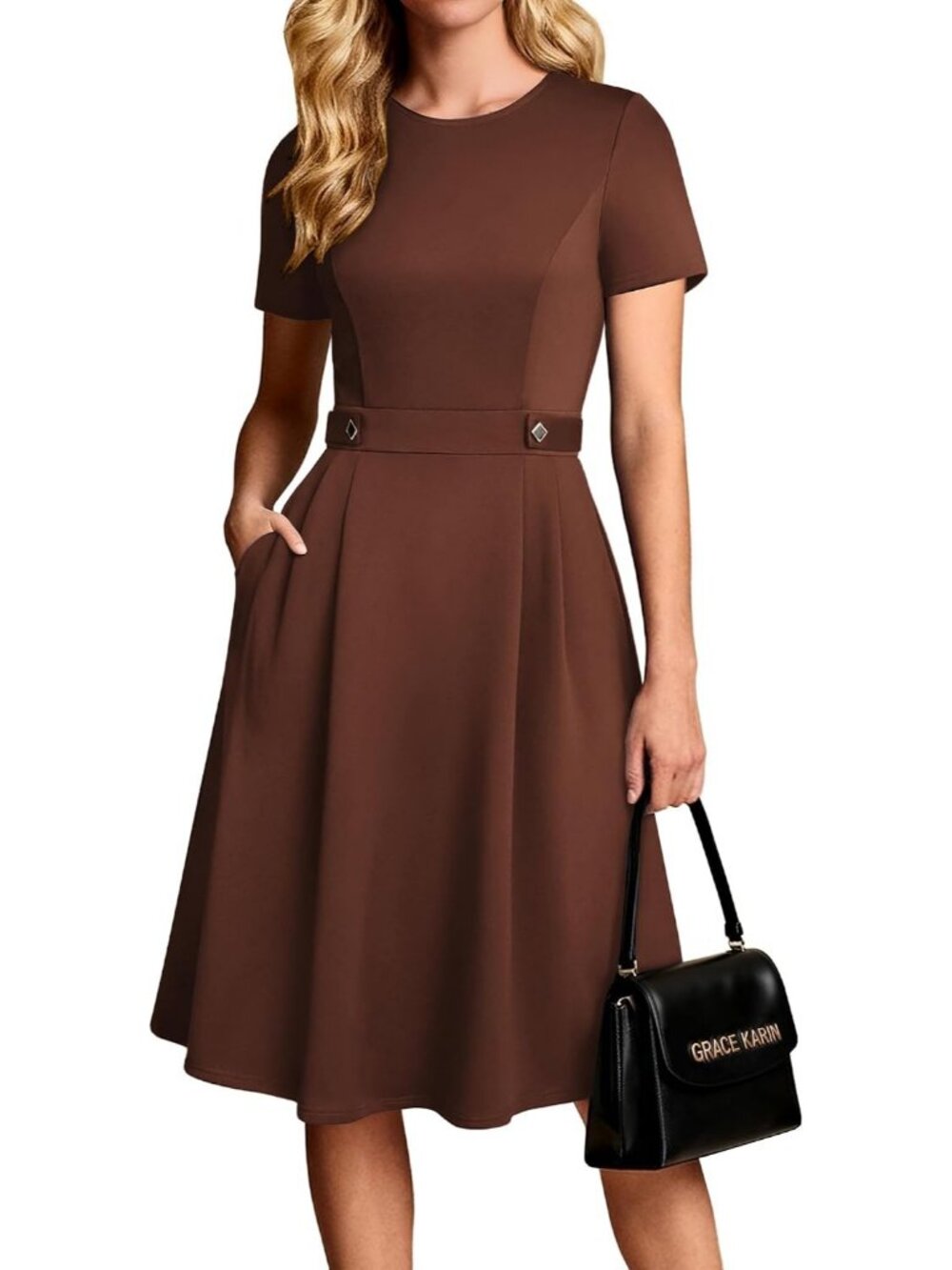 〽️ Women's Coffee Short Sleeve A Line Pockets Church Work Office Midi Dress